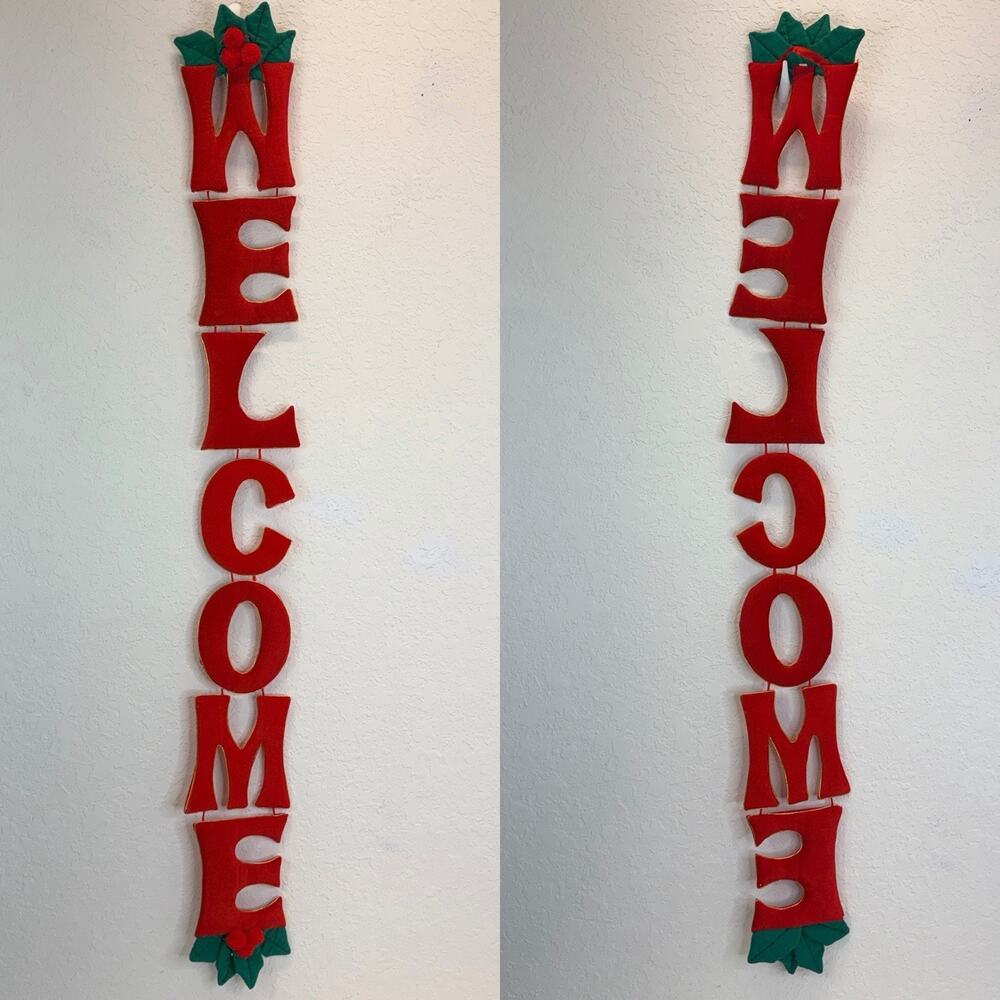 Vintage Holiday home felt “Welcome” Wall Christmas Sign, velvet letters & holly